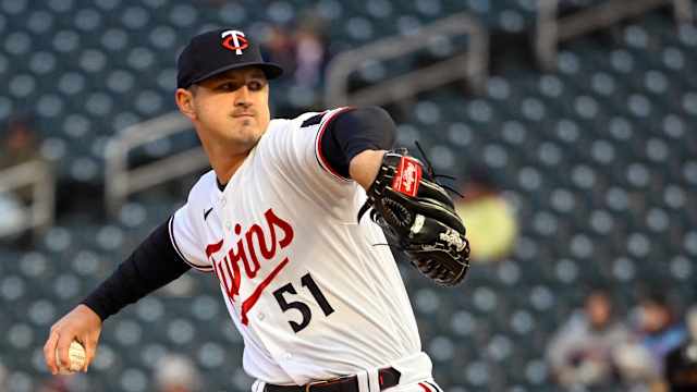 Apr 21, 2023; Minneapolis, Minnesota, USA; Minnesota Twins pitcher Tyler Mahle (51) delivers a pitch against the Washington Nationals at Target Field. Mandatory Credit: Nick Wosika-USA TODAY Sports  